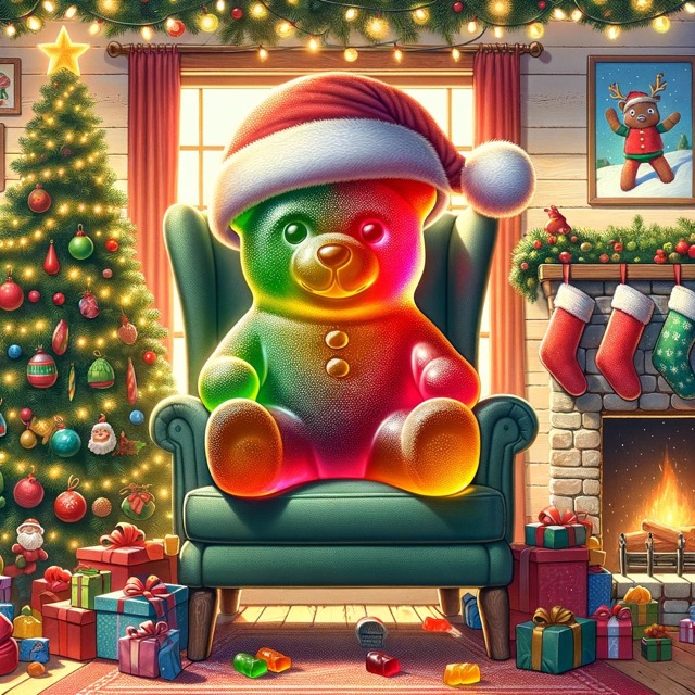 A homemade giant gummy bear on a chair with a santa hat at Christmas.
