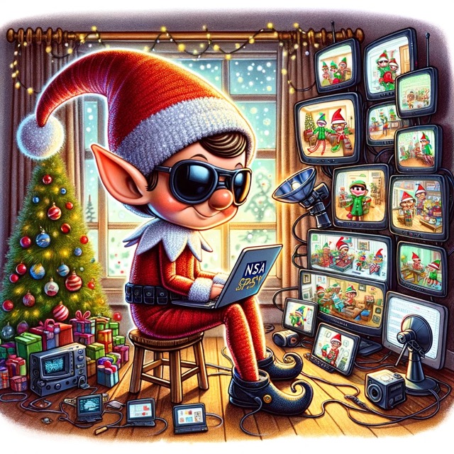 Illustration of an elf on shelf dressed as an NSA spy, complete with dark sunglasses, and laptop and many video monitors in a Christmas setting.